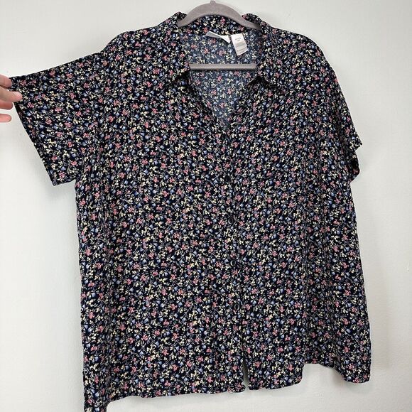 Liz Claiborne Button Up Shirt Womens 18W Blue Ditsy Floral Gauze Cottage Boho - Picture 4 of 9